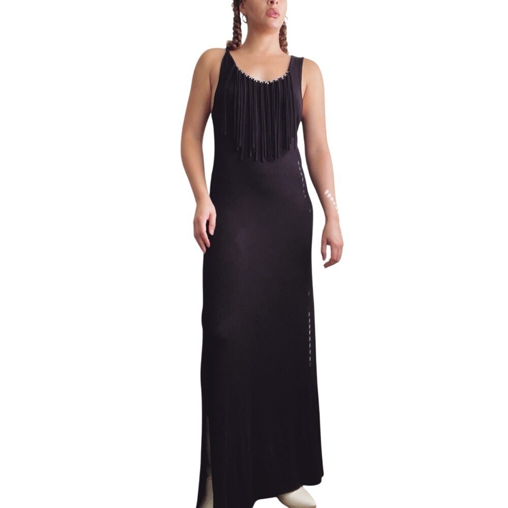 Christian Siriano Boho Country Chic Black Fringe Metal Hardware Maxi Slip Dress